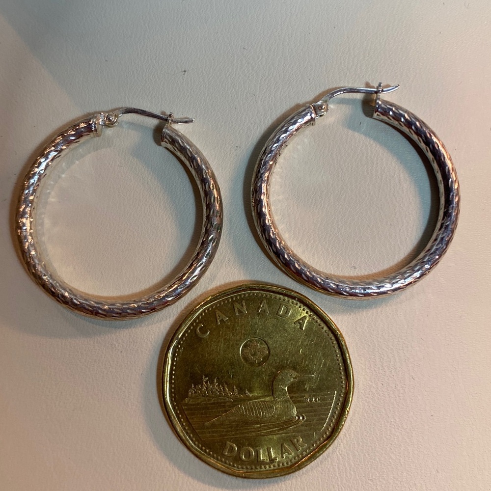 Vintage Large Textured Sterling Silver Hoop Earrings